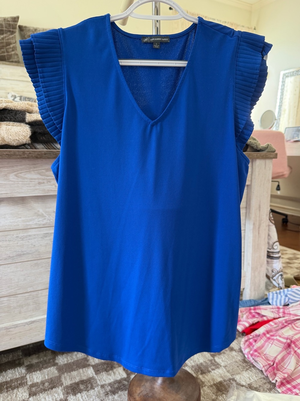 Adrianna Papell Royal Blue V-Neck Pleated Sleeve Women's Top Size L
